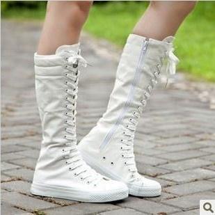 Tall Boots High Canvas Shoes Black And White..