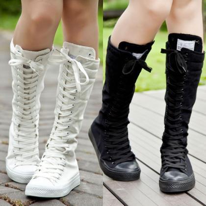Tall Boots High Canvas Shoes Black And White..